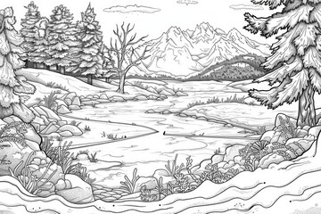 Coloring book illustration of a winter sport cross country ski trail around a frozen alpine lake in a winter resort setting