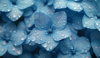 Close-up of Blue Hydrangea with Dew Drops