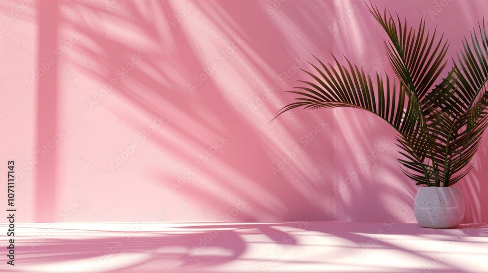 Poster abstract minimal background with palm leaf shadow on pastel pink wall for product presentation