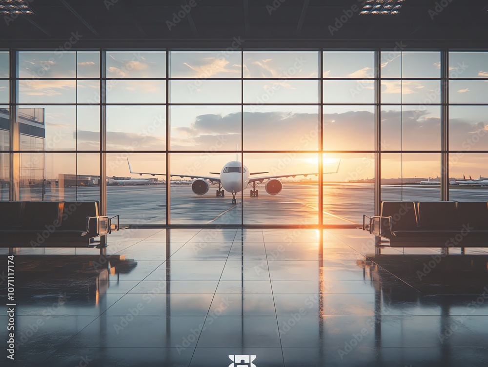 Poster airplane on tarmac at airport during sunset seen through large windows with empty seating area.