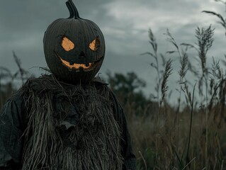 Scary Halloween Pumpkin Scarecrow in Field