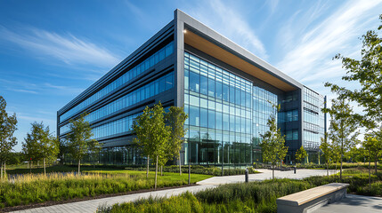 Obraz premium A modern office building with glass windows and trees outside, illuminated by sunlight against the blue sky
