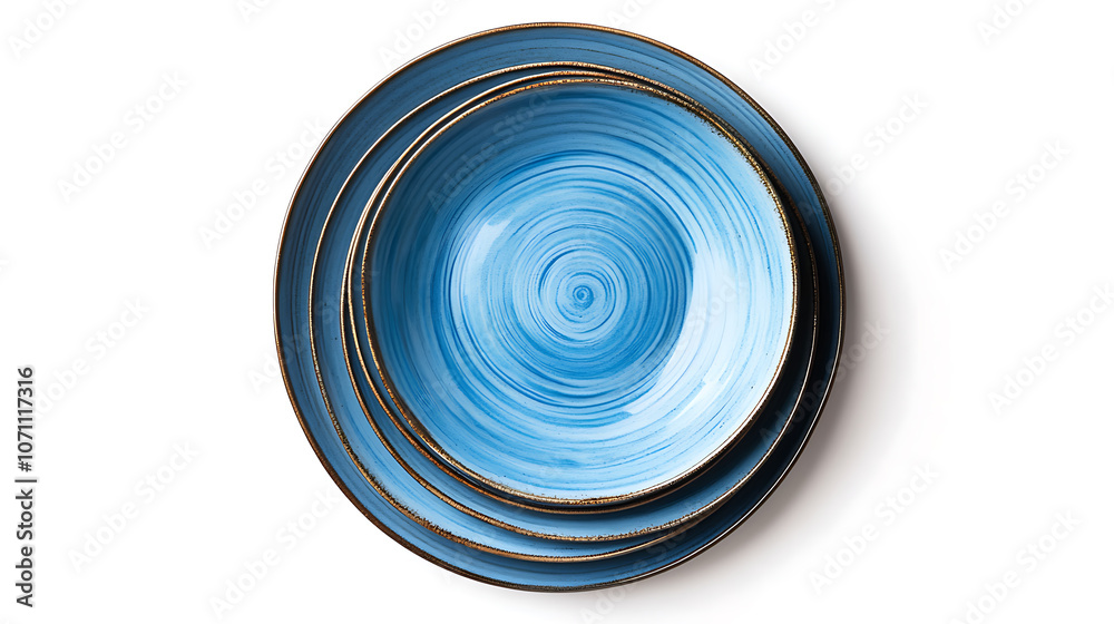 Poster a top view of a set of circular ceramic plates with a blue dish isolated on a white background is sh
