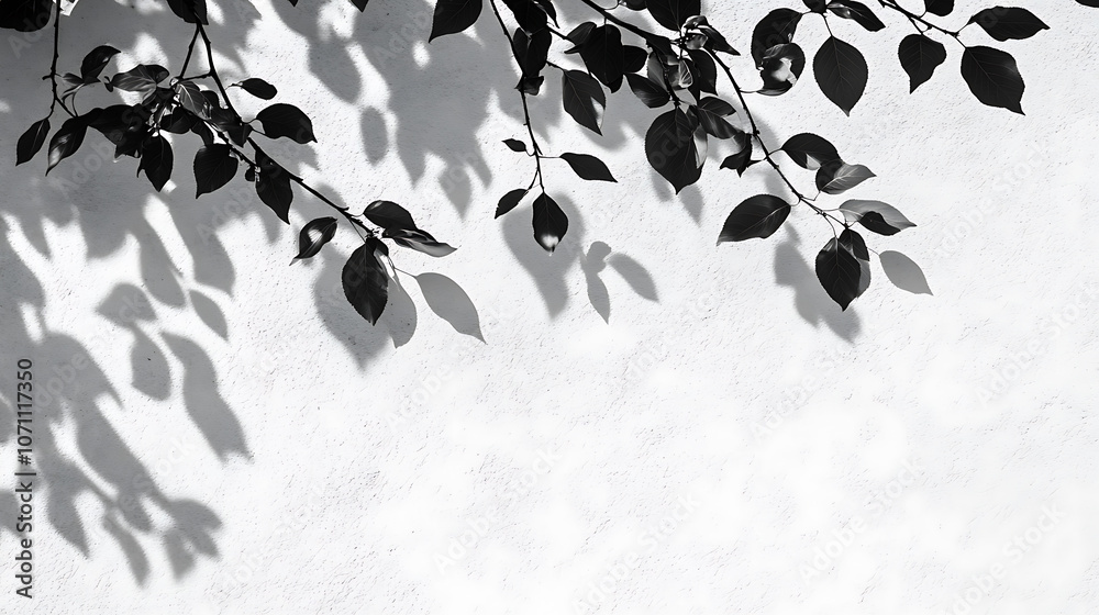Aufkleber abstract natural leaves shadow background of tree branch falling on white concrete wall texture for 