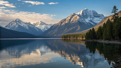 Calm alpine lake with perfectly still water reflecting snow-capped peaks