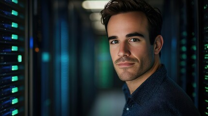 Confident Young Man in a Data Center Surrounded by Server Racks