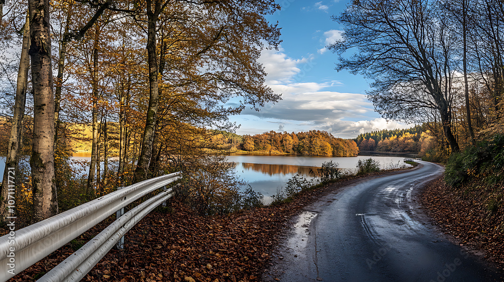 Aufkleber a panoramic view of an autumn forest road with a white guardrail, next to a lake and trees, under a 