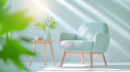 A sun drenched corner in a living room with a plush armchair and a side table, decorated with plants and books, inviting relaxation and quiet contemplation.
