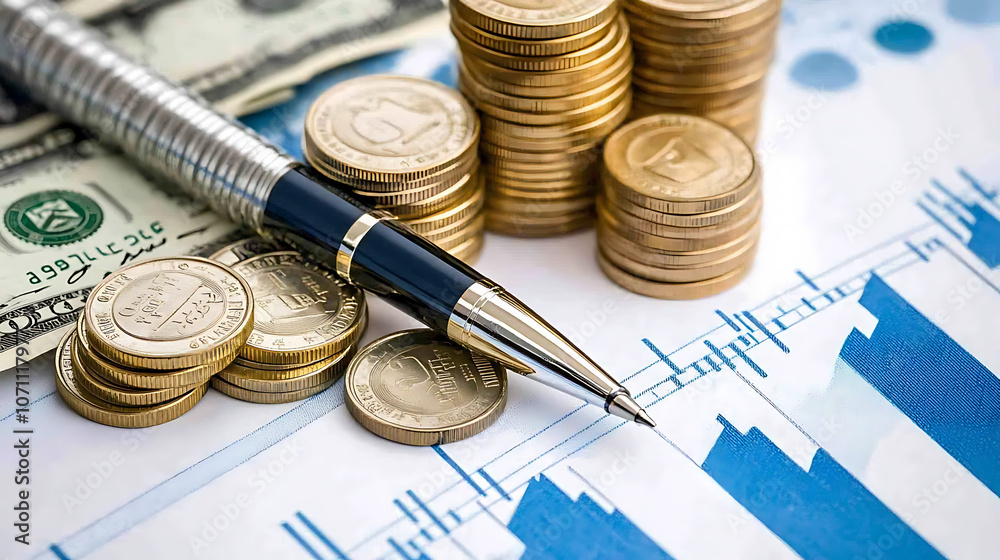 Poster a pen is writing on a financial chart, with coins stacked next to it and stock charts in blue tones 