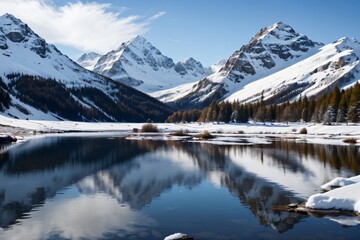 Calm alpine lake with perfectly still water reflecting snow-capped peaks