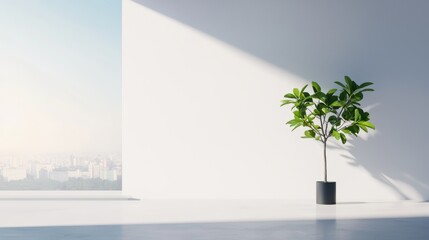 A living room with white walls, a concrete floor, and a black leather sofa, accented by a single potted plant and a large window overlooking a cityscape.