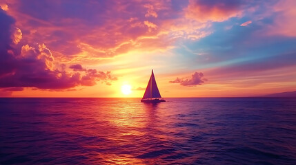 A panoramic view of the vibrant sunset over the ocean with a sailboat silhouetted against the colorful sky in Hawaii, United States