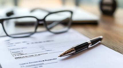 Accident report form with pen and glasses on desk surface