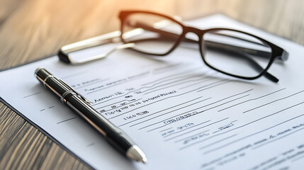 Accident report form with pen and glasses on table