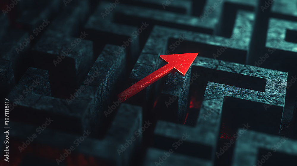 Aufkleber a red arrow navigating through a complex black maze, symbolizing overcoming obstacles and finding so