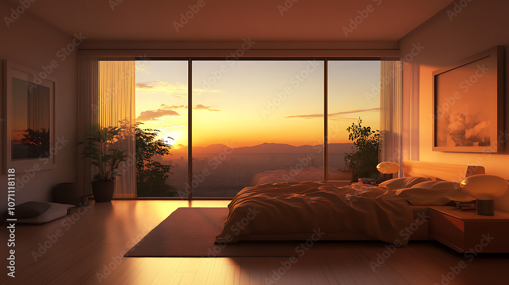 Poster a serene bedroom with a large window showing a calming sunset, cozy bed, soft lighting, and minimali