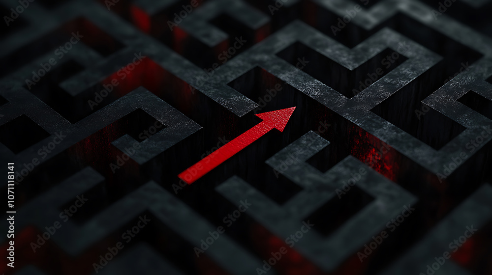 Aufkleber A red arrow navigating through a complex black maze, symbolizing overcoming obstacles and finding solutions