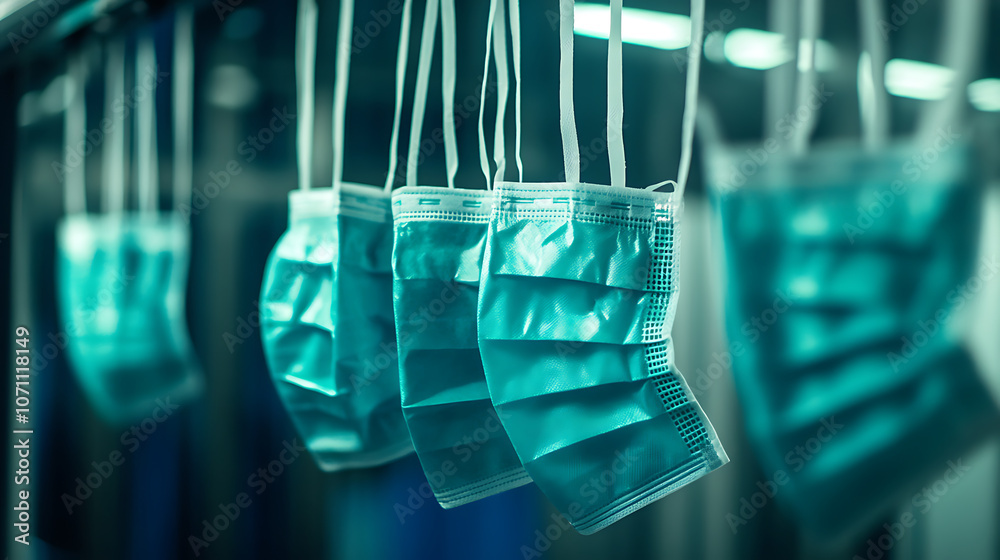Aufkleber an automated line of disposable medical masks makes it possible for these masks to respond to a coro