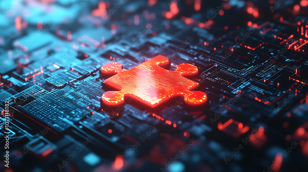 Fototapete A puzzle piece on a digital background symbolizes the modular and interconnected nature of microservices architecture