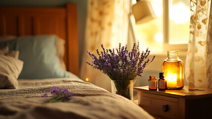 A serene bedside table with lavender, essential oils, and candles, promoting natural sleep optimization