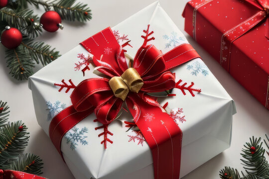 Beautifully Wrapped Christmas Gift Box with Red Ribbon and Festive Ornaments.