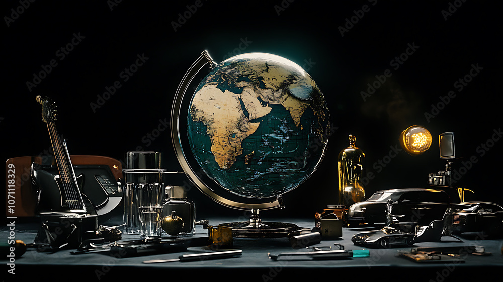 Aufkleber a globe set on a dark surface, surrounded by auto lighting and various glass and metal objects
