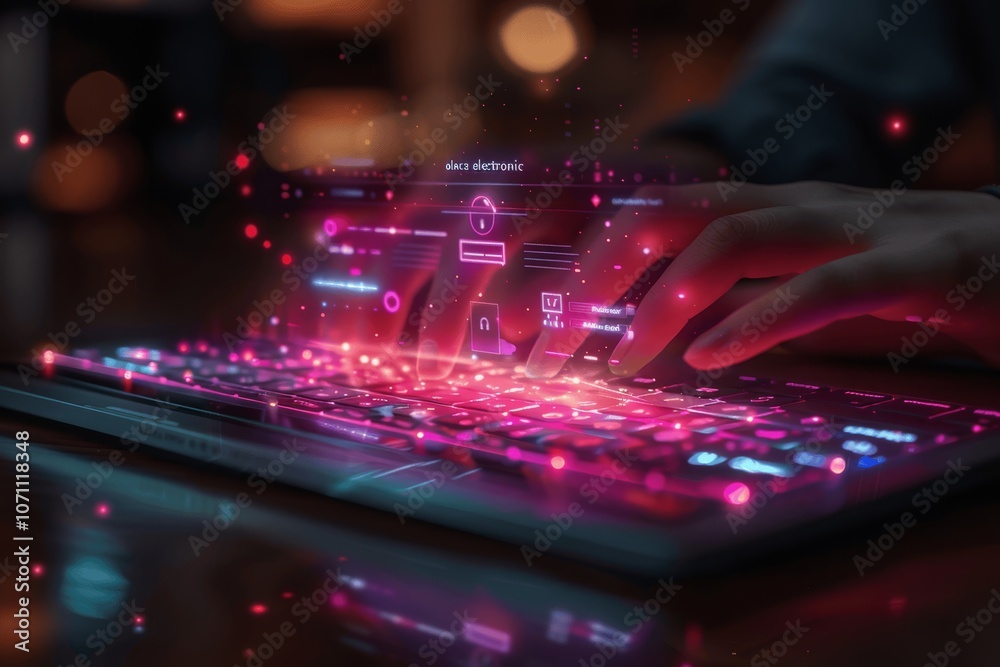 Poster hand typing on laptop keyboard with holographic padlock graphic for cyber security data protection
