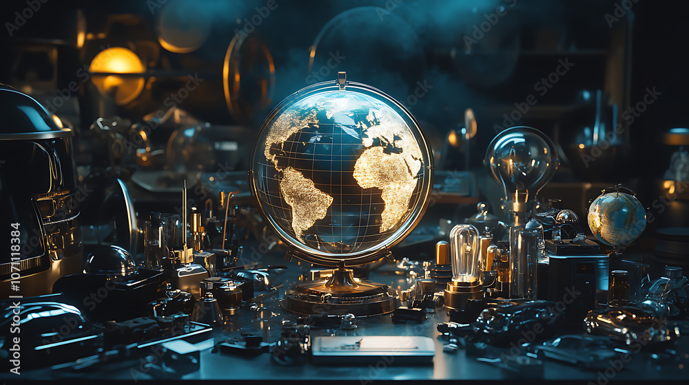 Aufkleber a globe set on a dark surface, surrounded by auto lighting and various glass and metal objects