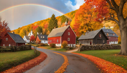 Charming Autumn Village Scene with Rainbow Over Colorful Fields and Cozy Cottages