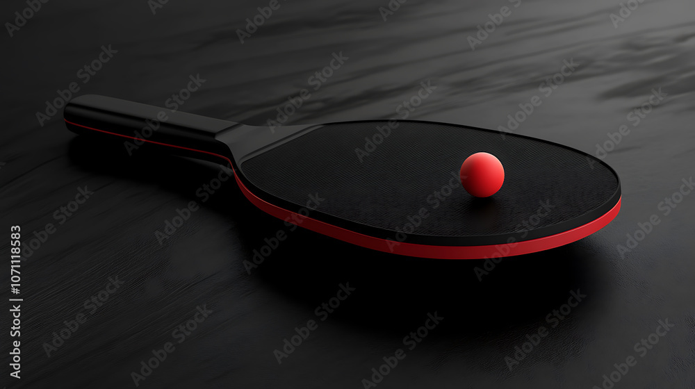 Poster A mockup of a black and red table tennis racket with a ball, shown in a no-gravity setting, ideal for a ping-pong game template