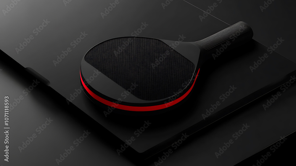Poster A mockup of a black and red table tennis racket with a ball, shown in a no-gravity setting, ideal for a ping-pong game template