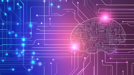 A simple vector graphic of an AI brain with connections, set against a purple and blue background, with white lines