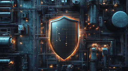 Fototapeta premium A shield overlaying an industrial facility symbolizes the protection of critical infrastructure in ukraine against threats