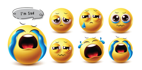 Sad 3d emoji vector characters set. Emojis with unhappy, sadness, sob, disappointed, crying and sorrow facial expression yellow emoticon characters in white background. Vector illustration sad emojis 