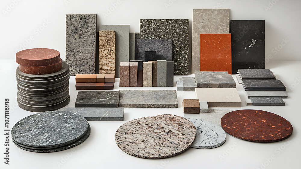 Poster A variety of stone and tile samples in different colors and textures arranged in a semi-circle, showcasing options for floor design