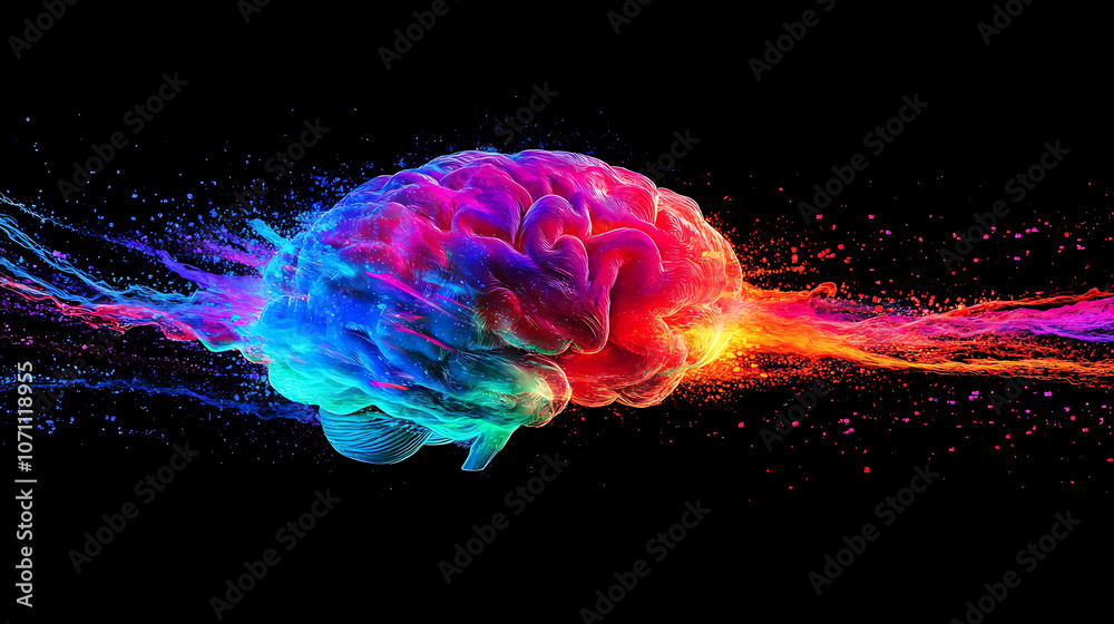 Poster a vibrant explosion of colors representing the brain, creating an artistic representation on a black