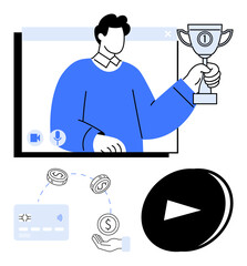 Person holding a trophy while appearing on a video call. Includes money exchange with hand and card, play button. Ideal for online events, e-commerce, digital content, web, v07inar, e-learning