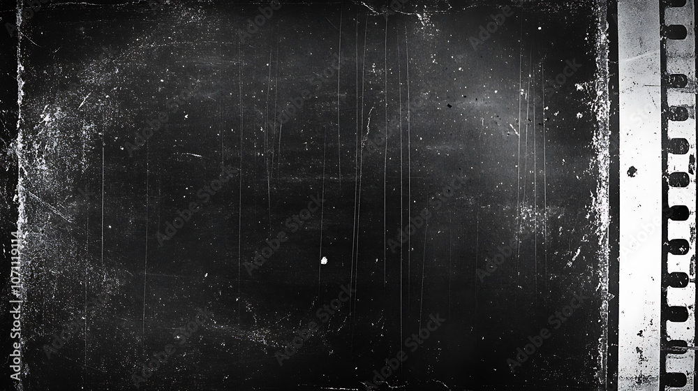 Poster blank grained and scratched film strip texture background with heavy grain, dust and a light leak re