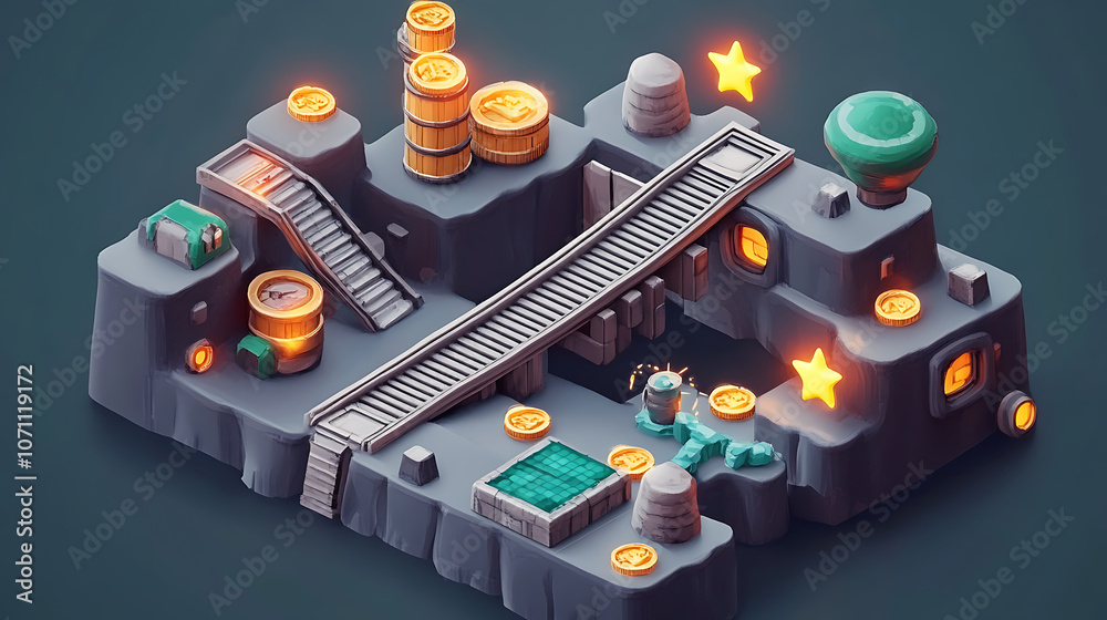 Poster A retro arcade game level map interface with underground factory elements, featuring traps, steel platforms, coins, and golden stars, designed for a console or computer game