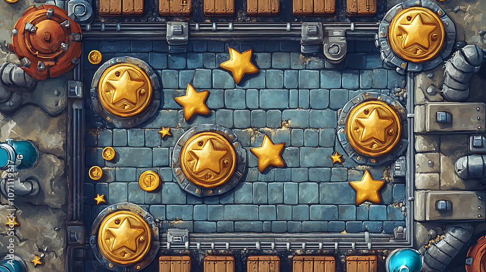 Poster A retro arcade game level map interface with underground factory elements, featuring traps, steel platforms, coins, and golden stars, designed for a console or computer game