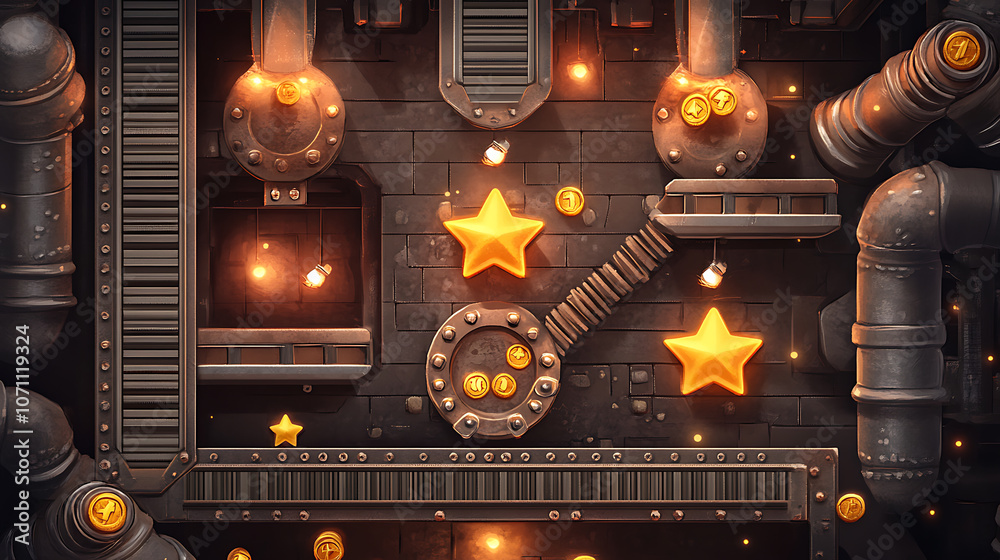 Poster A retro arcade game level map interface with underground factory elements, featuring traps, steel platforms, coins, and golden stars, designed for a console or computer game