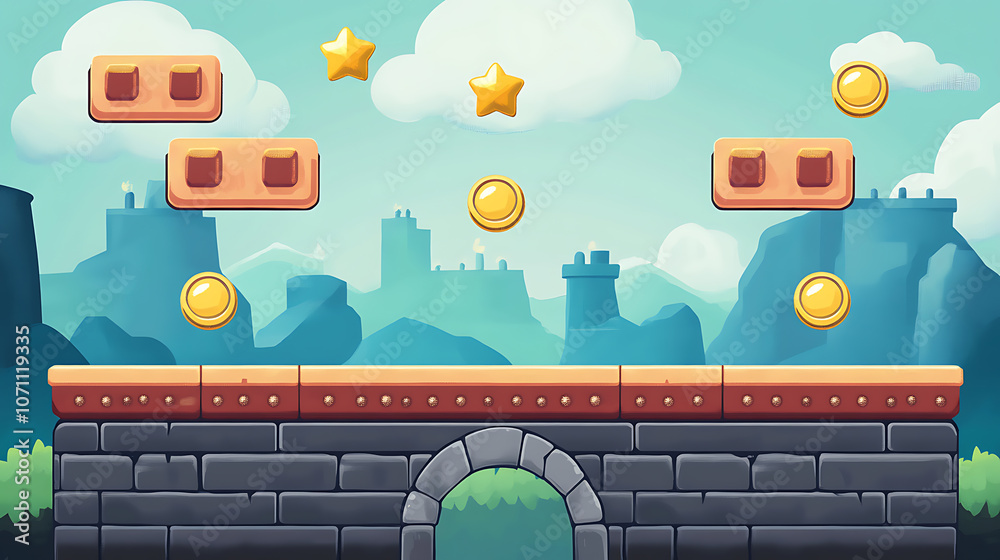 Poster A retro arcade game level map interface with underground factory elements, featuring traps, steel platforms, coins, and golden stars, designed for a console or computer game