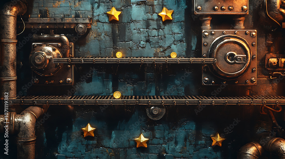 Poster A retro arcade game level map interface with underground factory elements, featuring traps, steel platforms, coins, and golden stars, designed for a console or computer game