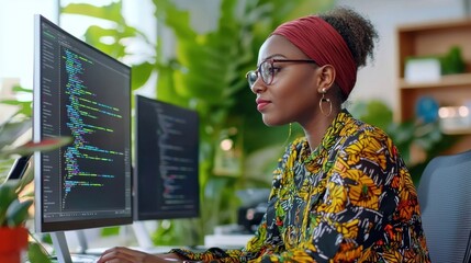 Modern Woman Developer Working on Software Code