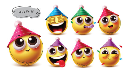 Birthday party emoji vector character set. 3d emojis happy birthday emoticon character wearing colorful hat in star eye, blowing, happy, naughty and cute facial expression collection elements. Vector 