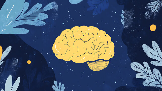 A yellow brain on a blue background, a simple flat illustration with bold lines and shapes, high contrast, and contrasting colors of dark gray and light navy blue