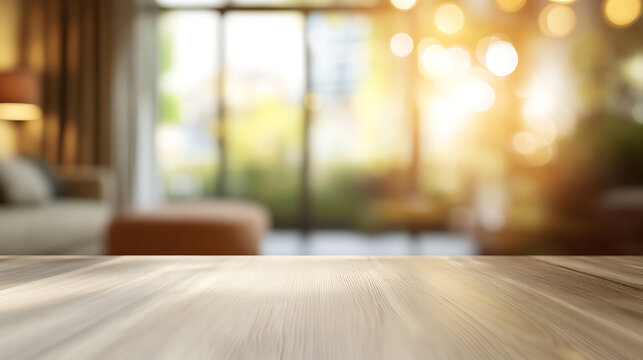 Blurred view of light living room with sofa and soft bench, unfocused background photo, selective focus