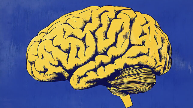 A yellow brain on a blue background, a simple flat illustration with bold lines and shapes, high contrast, and contrasting colors of dark gray and light navy blue