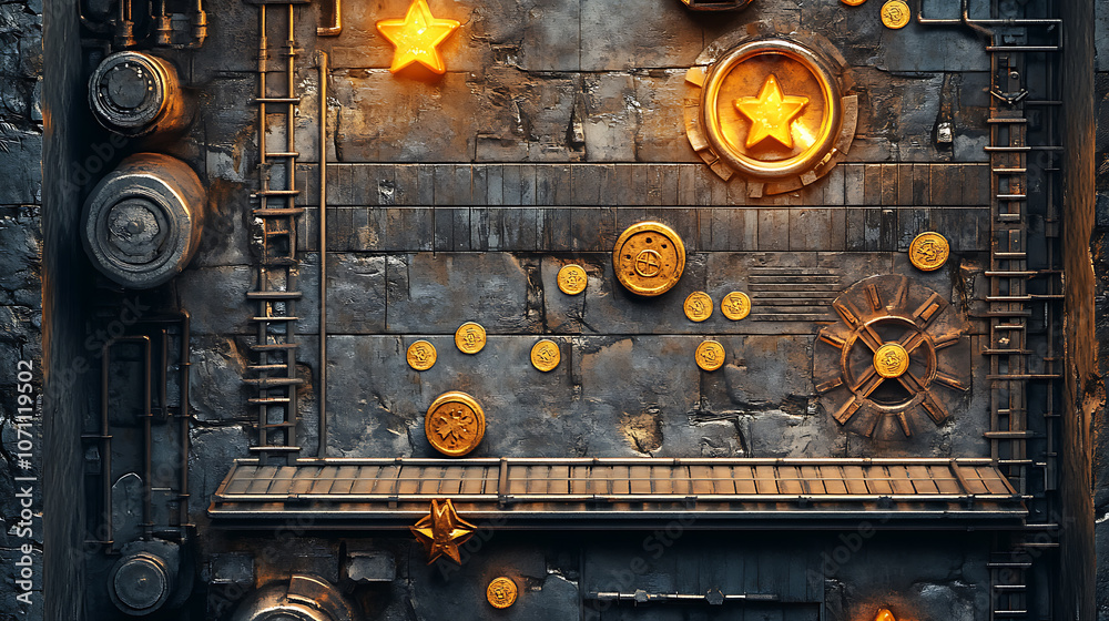 Poster A retro arcade game level map interface with underground factory elements, featuring traps, steel platforms, coins, and golden stars, designed for a console or computer game