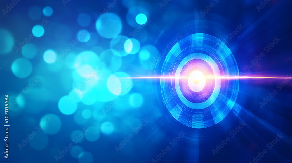 Poster Bright perspective with a blurred blue gradient background featuring a glowing light circle dart target success square, Abstract vector illustration for brochure pages and presentations